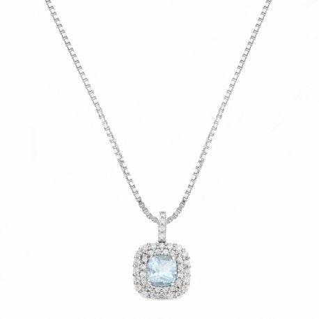 18K balto aukso karoliai su baltais cirkoniais ir mėlynu topazo pakabuku moterims