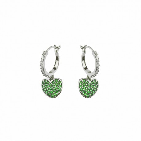 White Gold 18k with White and Green Cubic Zirconia Hearts Earrings