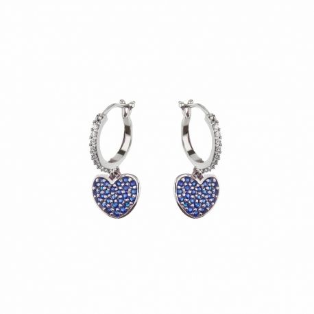 Pendientes de Oro Blanco de 18K con Corazón de Circonitas Blancas y Azules