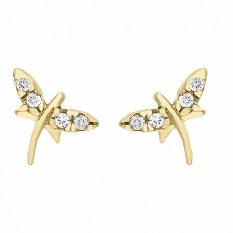 Yellow Gold 18k with Dragonfly and White Cubic Zirconia Woman Earrings