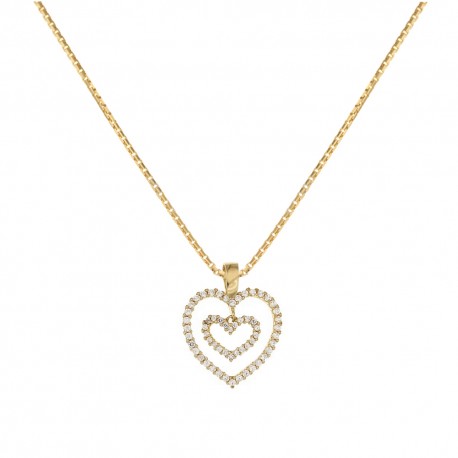 Yellow gold 18 Kt 750/1000 double heart pendant with cubic zirconia woman necklace