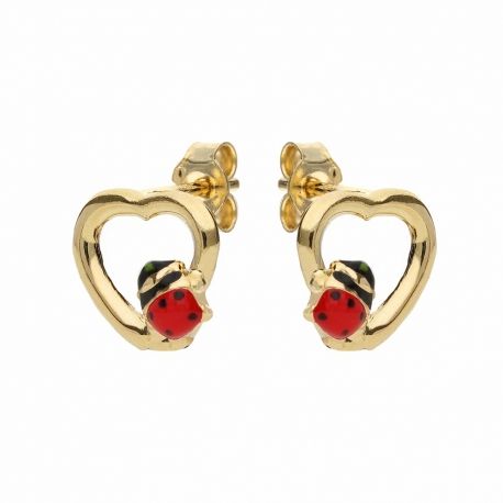 Orecchini in Oro Giallo 18 Carati con Coccinelle e Cuore da Bambina