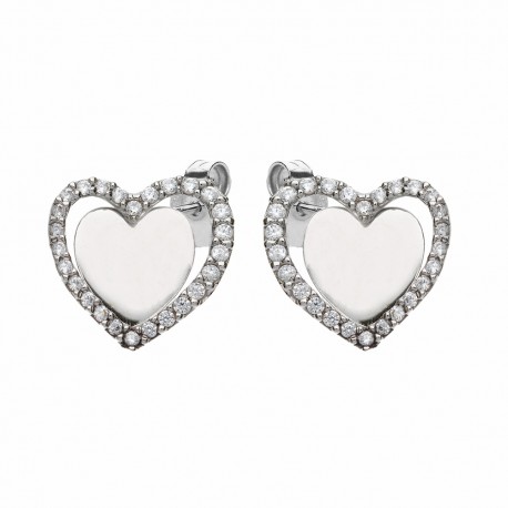 Γυναικεία σκουλαρίκια από λευκό χρυσό 18 καρατίων με καρδιές και λευκά ζιργκόν