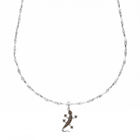 Colier din aur alb de 18K cu pandantiv maro gecko cu zirconiu pentru bărbați