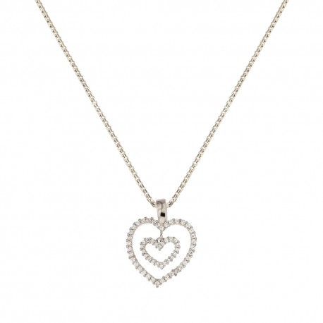 Dámský náhrdelník z bílého zlata 18K 750/1000 s dvojitým srdcem a bílými zirkony