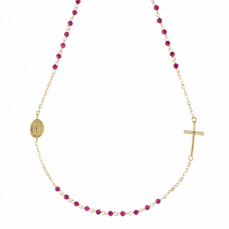 Yellow gold 18k with Cross and Fucsia Stone unisex Rosary
