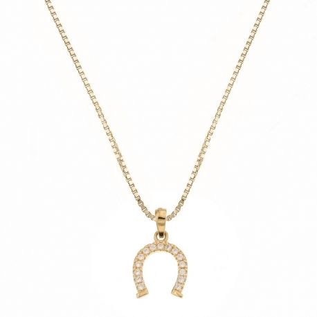 Collier en or jaune 18 carats avec fer à cheval et zircons blancs pour femme