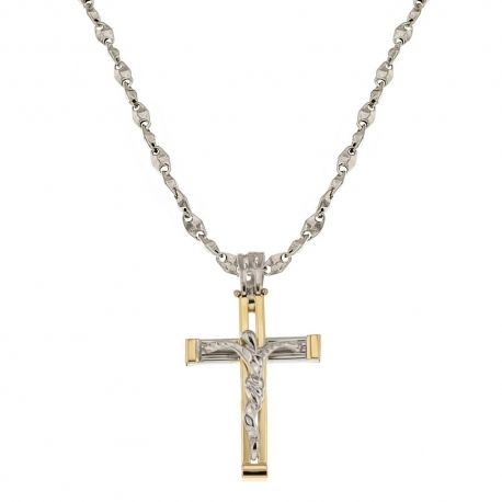 Collier avec croix en or blanc et jaune 18 Kt 750/1000 pour homme