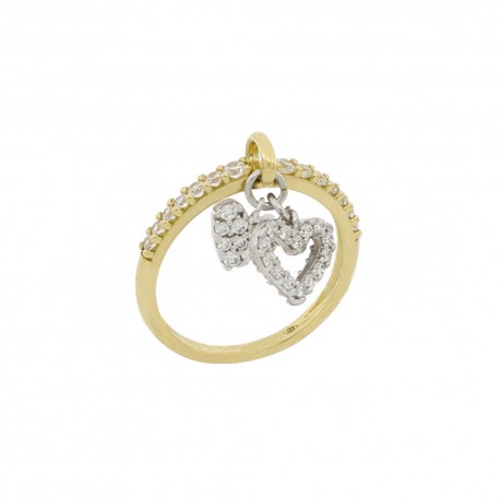 18K geltono ir balto aukso žiedas su pakabinamomis širdelėmis moterims
