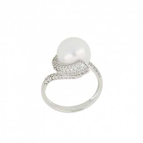 Damski pierścionek z 18-karatowego białego złota z białymi cyrkoniami i perłą