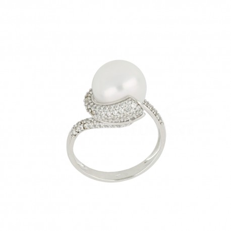 Ring aus 18-karätigem Weißgold mit weißen Zirkonen und Perlen für Damen