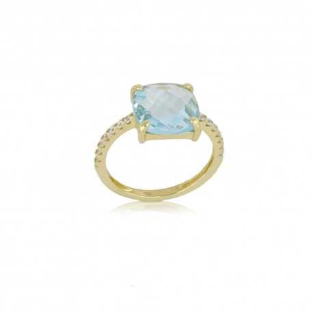 Inel din aur galben de 18K cu zirconi albe și piatră albastră pentru femei