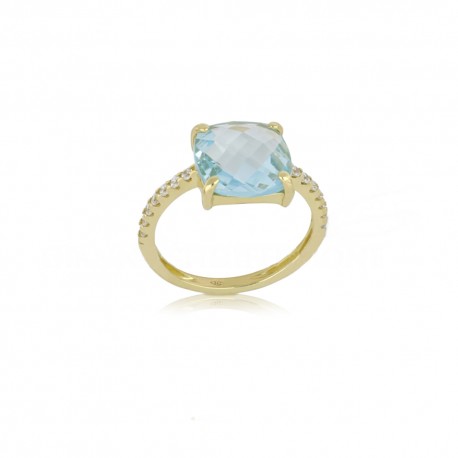 Женское кольцо из желтого золота 18 карат с белыми цирконами и синим камнем