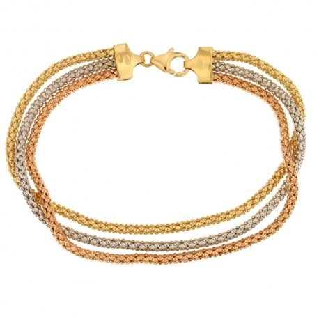 Pulsera Tríptico en Oro Blanco, Amarillo y Rosa de 18K con Enlace Pop Corn