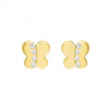 Boucles d'oreilles petite fille avec papillon et zircons en or jaune 18 carats
