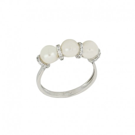 White gold 18k 750/1000 with pearls andwhite cubic zirconia ring
