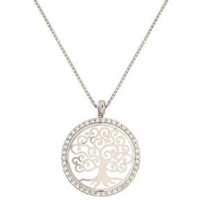 18 Kt 750/1000 白金项链，配生命之树吊坠和锆石