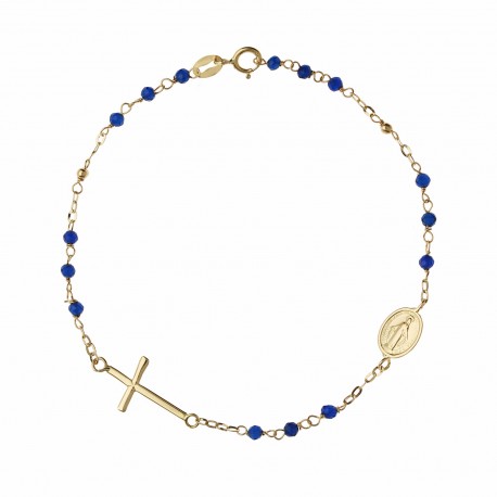 Bracelet chapelet en or jaune 18 carats avec pierres bleues