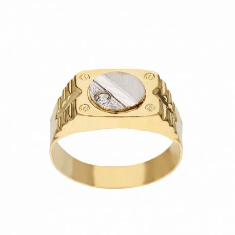 Anel Masculino em Ouro Amarelo e Branco 18k com Zircão Branco