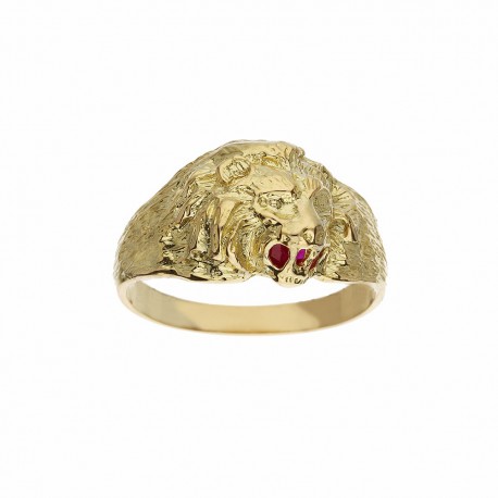 18K geltono aukso žiedas su liūto galva ir raudonu akmeniu vyrams