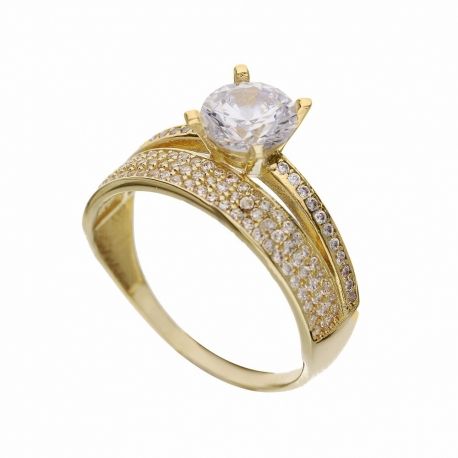 Bague en or jaune 18 carats avec pavé de zircons blancs pour femme