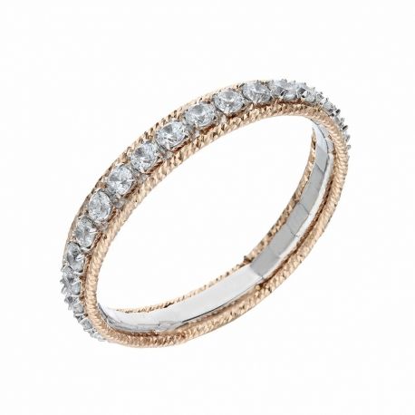 Anello in Oro Bianco e Rosa 18 Carati Veretta con Zirconi Bianchi da Donna