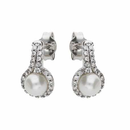 18 K hvidguld øreringe med hvide zirkoner og perler