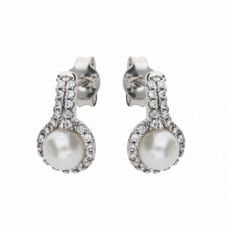 Brincos em ouro branco 18K com zircões brancos e pérolas