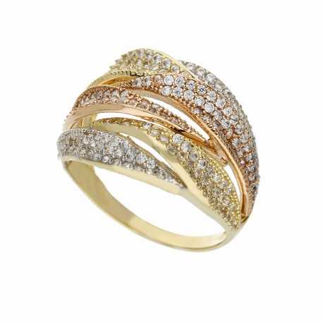 Popločani prsten od 18K žutog, bijelog i ružičastog zlata s bijelim cirkonima za žene