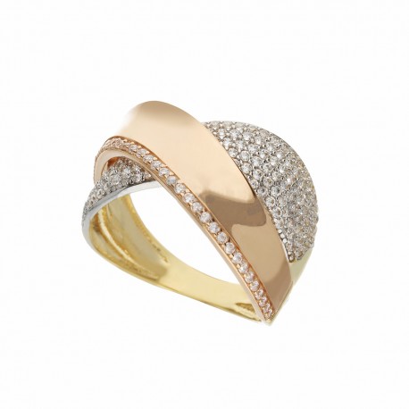 Πλακόστρωτο δαχτυλίδι σε κίτρινο, λευκό και ροζ χρυσό 18 καρατίων με λευκά ζιργκόν για γυναίκες