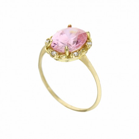 18 K dzeltenā zelta gredzens ar baltiem cirkoniem un rozā akmeni sievietēm