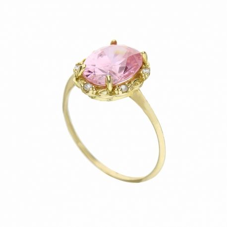 Anel feminino em ouro amarelo 18K com zircões brancos e pedra rosa