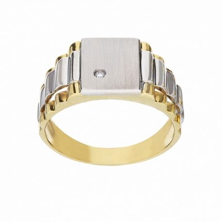 Anillo Escudo en Oro Amarillo y Blanco de 18 Quilates con Circonita Blanca para Hombre