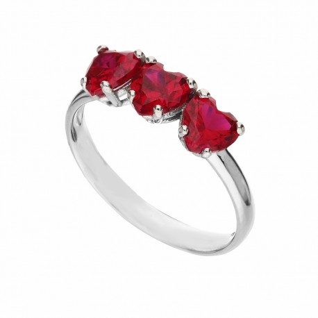 White Gold 18k with Red Cubic Zirconia Hearts Woman Ring