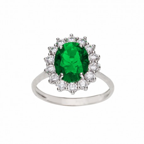 Дамски пръстен Kate от 18K бяло злато със зелен камък и бели циркони