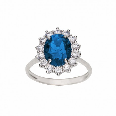 White Gold 18k with Blue Stone and White Cubic Zirconia Woman Ring
