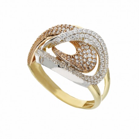 Πλακόστρωτο δαχτυλίδι σε κίτρινο, λευκό και ροζ χρυσό 18 καρατίων με λευκά ζιργκόν για γυναίκες