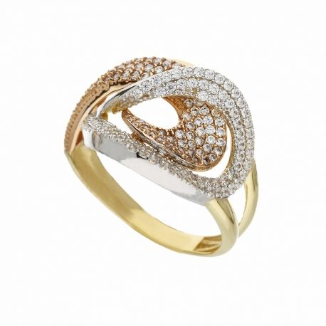 Anillo Pavimentado en Oro Amarillo, Blanco y Rosa de 18K con Circonitas Blancas para Mujer
