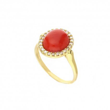 Yellow Gold 18k with White Cubic Zirconia and Coral Woman Ring