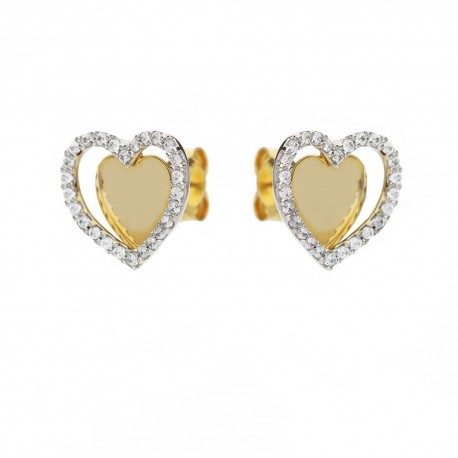 Boucles d'oreilles coeur en or blanc et jaune 18 carats avec zircons blancs
