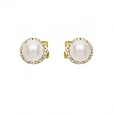 Boucles d'oreilles en or jaune 18 carats avec perles et zircons pour femme