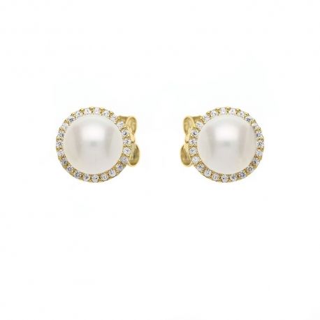 Yellow Gold 18k with Pearls and White Cubic Zirconia Woman Earrings