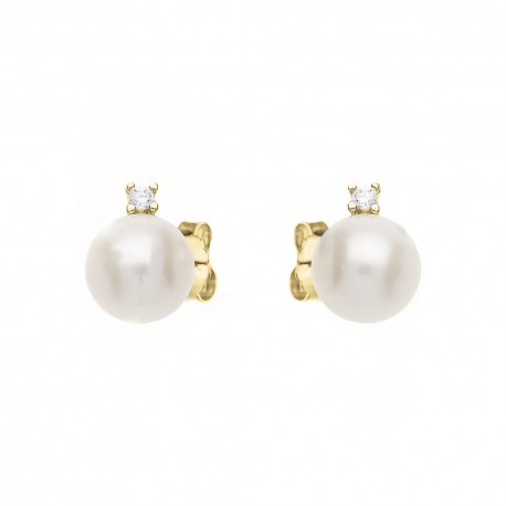 18 K gul guld øreringe med hvide zirkoner og perler