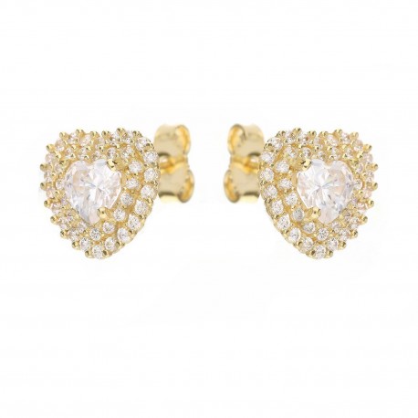 Yellow Gold 18k Hearts with White Cubic Zirconia Woman Earrings