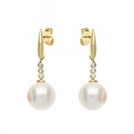 Boucles d'oreilles en or jaune 18 carats avec zircons blancs et perles