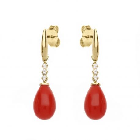 Brincos em ouro amarelo 18K com zircões brancos e coral