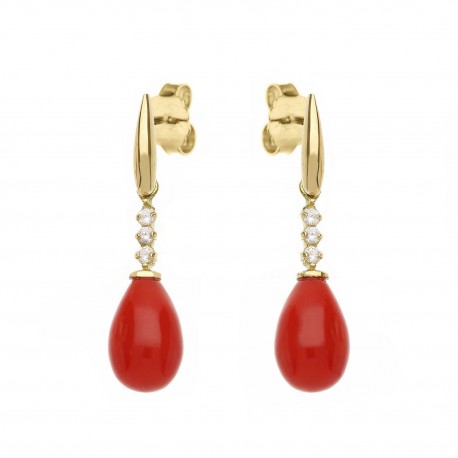 Yellow Gold 18k with White Cubic Zirconia and Coral Woman Earrings