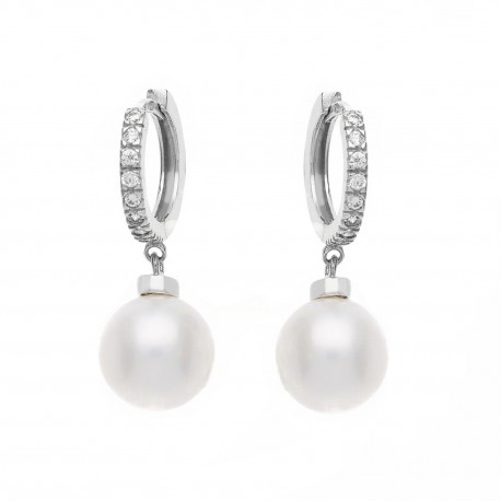 Cercei din aur alb de 18 carate cu zirconi albi și perle