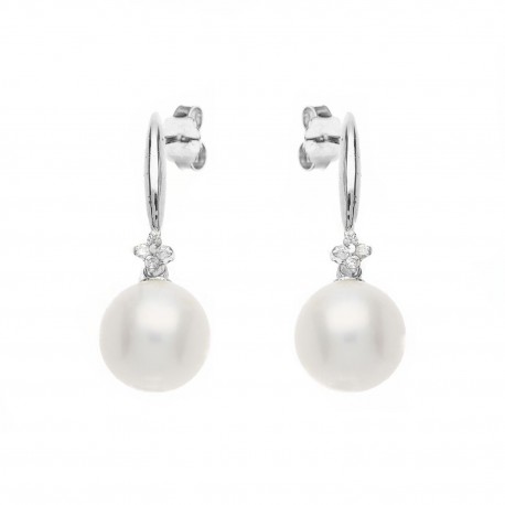 White Gold 18k with White Cubic Zirconia and Pearls Woman Earrings