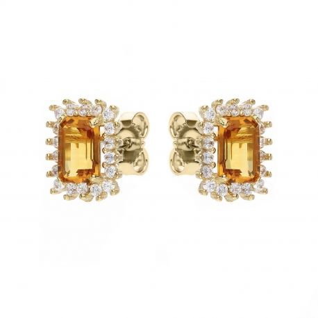 18K keltakultaiset korvakorut valkoisilla zirkoneilla ja oranssilla kivellä